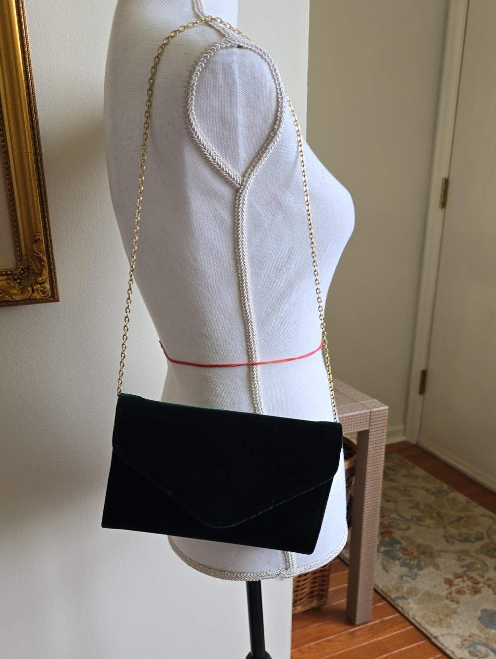 Emerald Green Velvet Two-Piece Skirt Suit with Gold Trim And Matching Purse - Picture 8 of 8